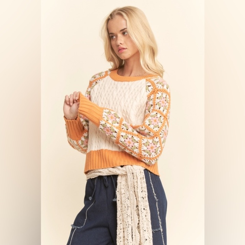 Crochet Sleeve Granny Square Cable Knit Sweater - Davi & Dani - Picture 2 of 7